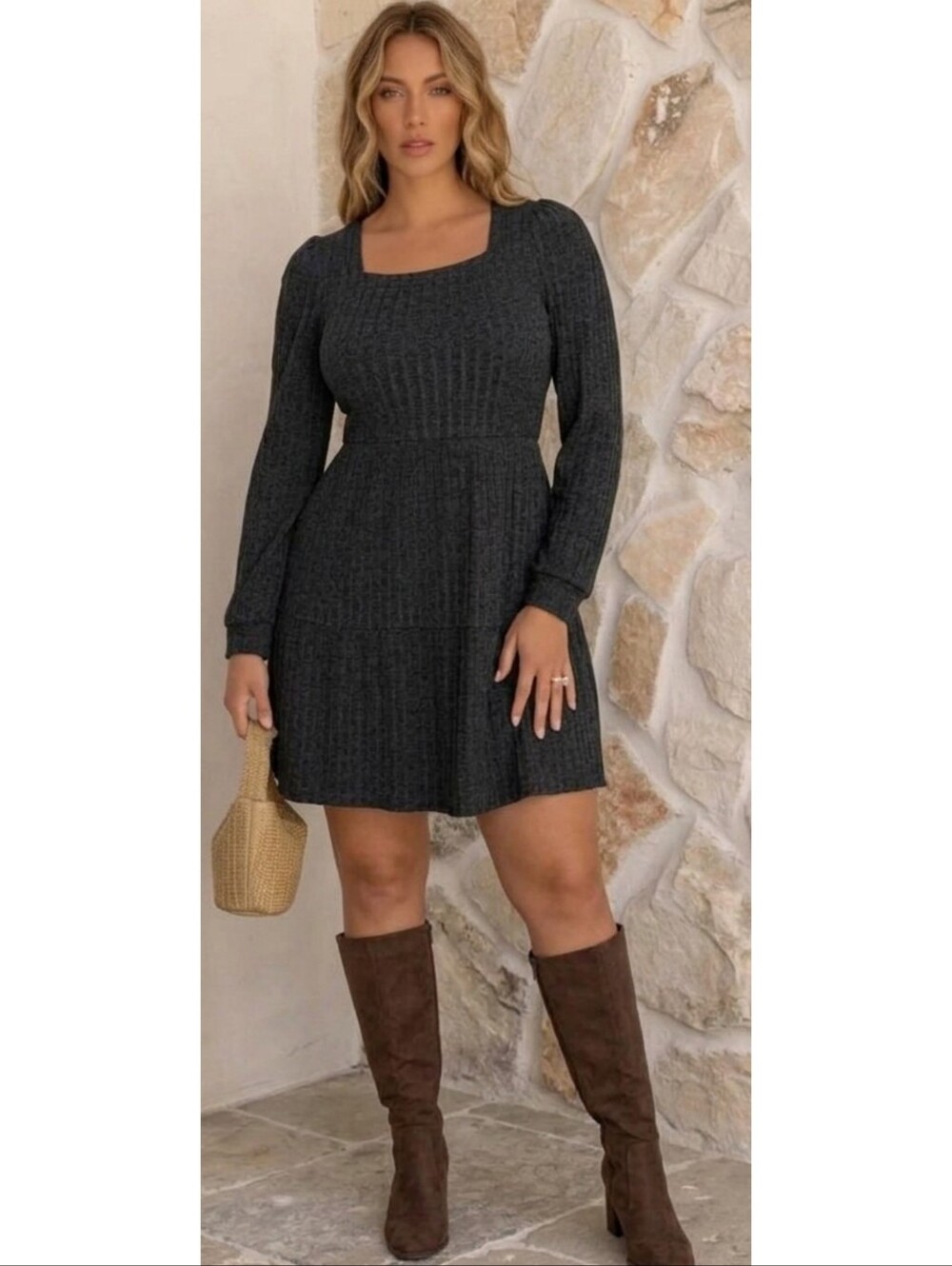 Anrabess Square Neck Ribbed Knit Babydoll Dress Dark Gray Size XXL